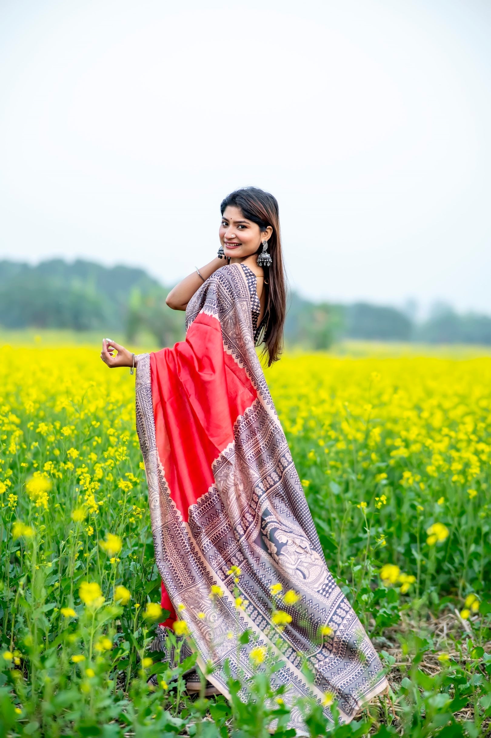 Fiery Rose Pink Madhubani Printed Silk Saree