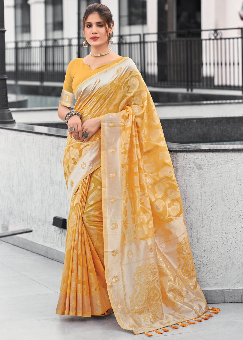 Sunset Yellow Lucknowi Linen Cotton Saree