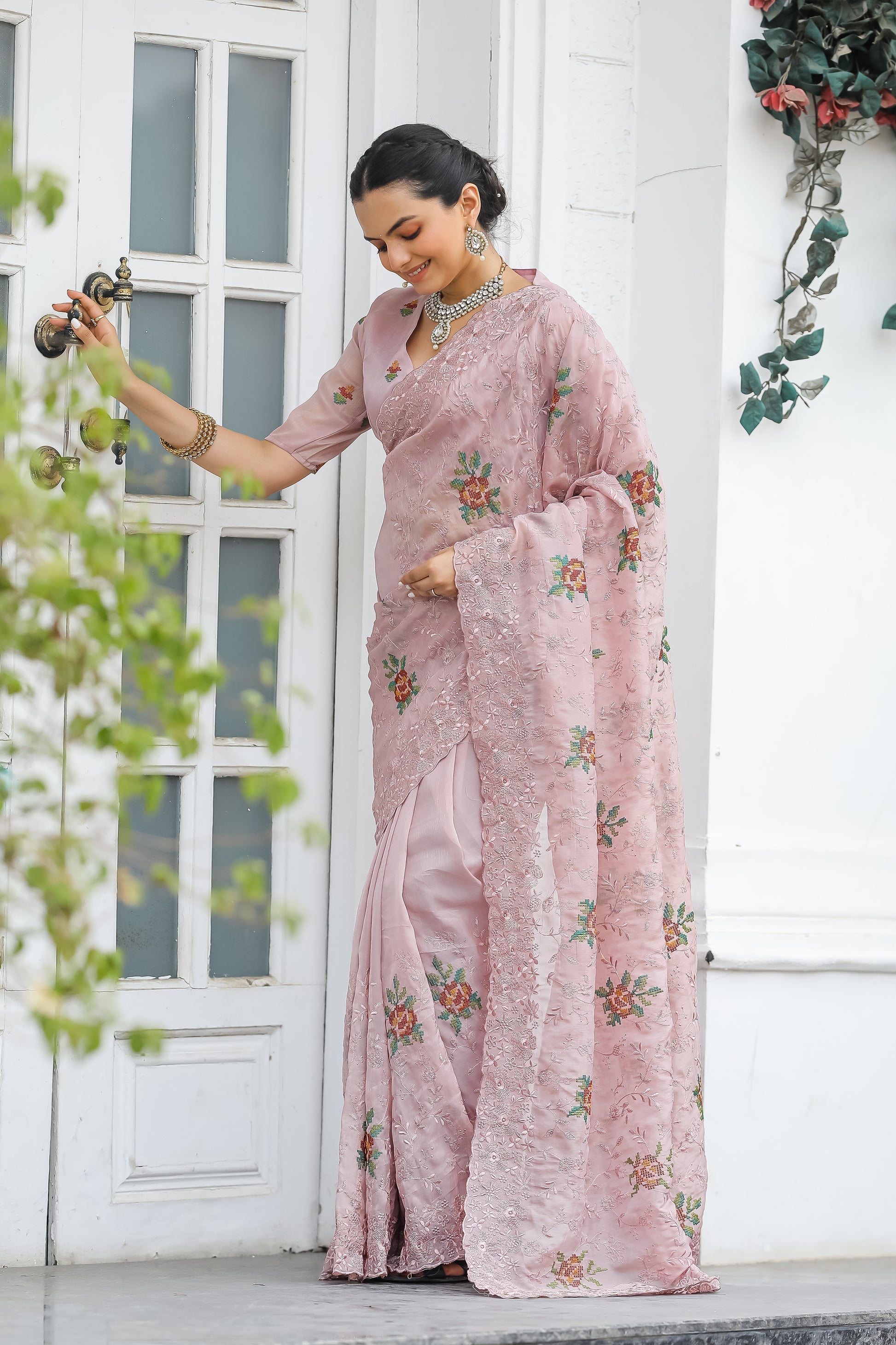 Romantic Peach Embroidered Chiffon Silk Saree