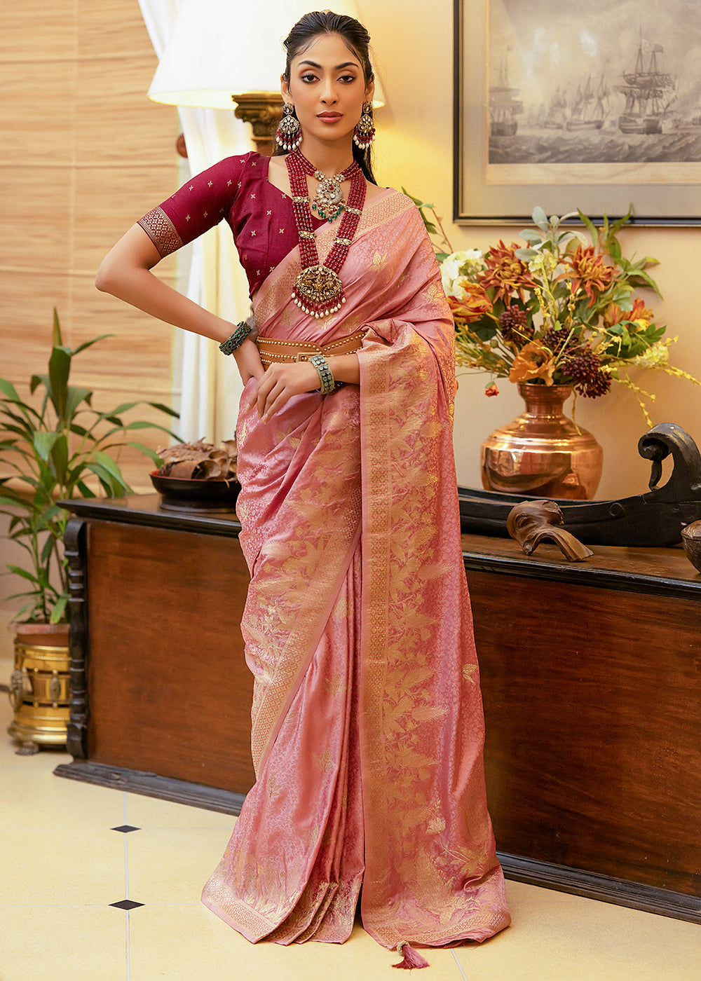 Sea Pink Woven Satin Silk Saree