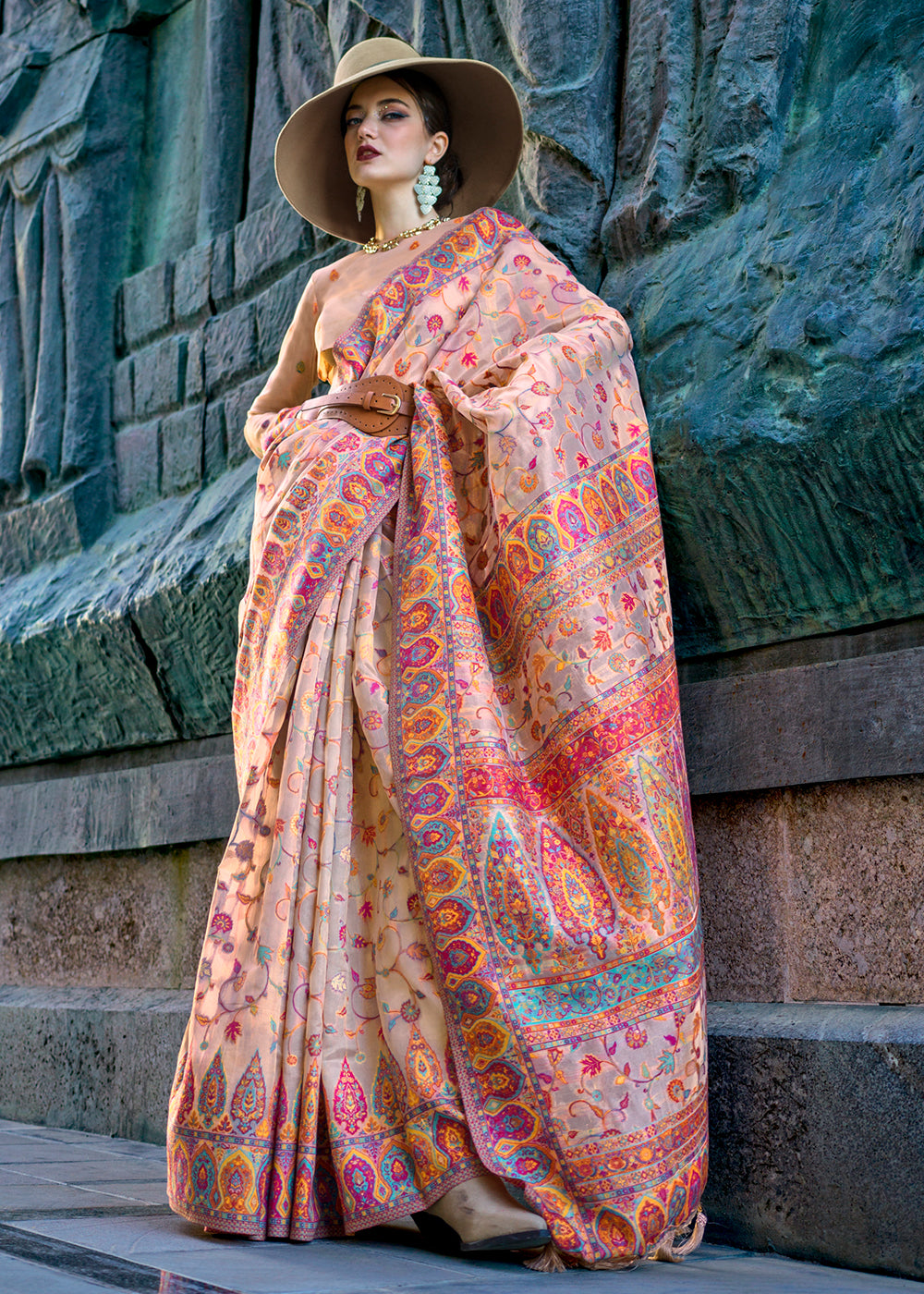 Cosmos Pink Jamawar Woven Organza Silk Saree