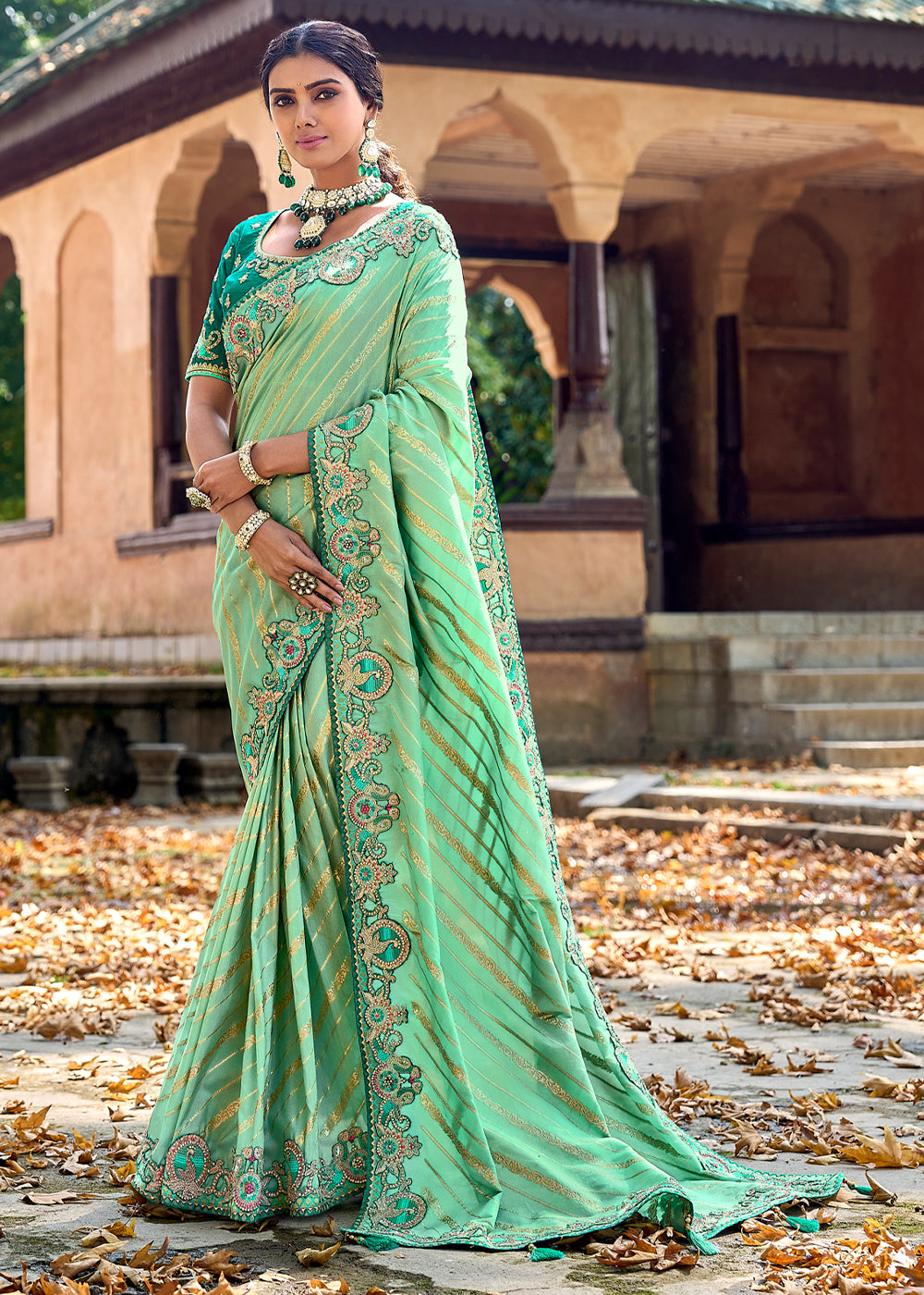 Pista Green Woven Designer Banarasi Embroidered Silk Saree