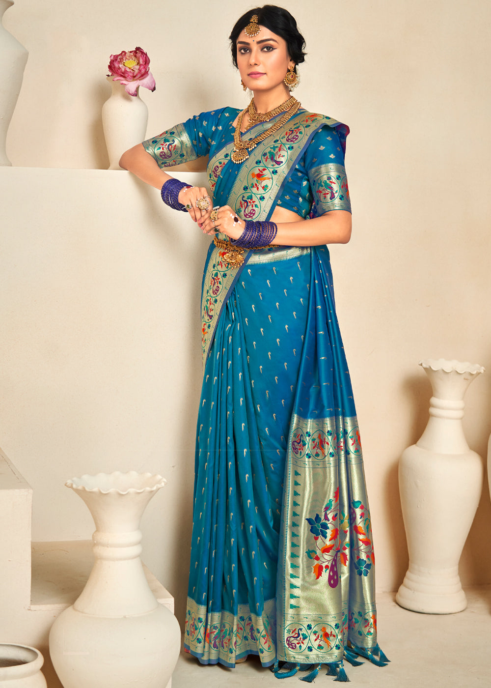 Peacock Blue Woven Paithani Silk Saree