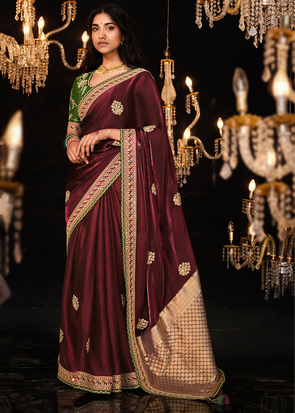 Sanguine Brown Embroidered Designer Satin Silk Saree