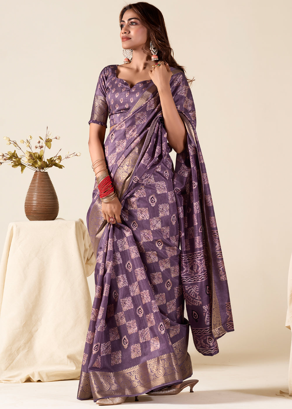 Eggplant Purple Banarasi Printed Soft Silk Saree