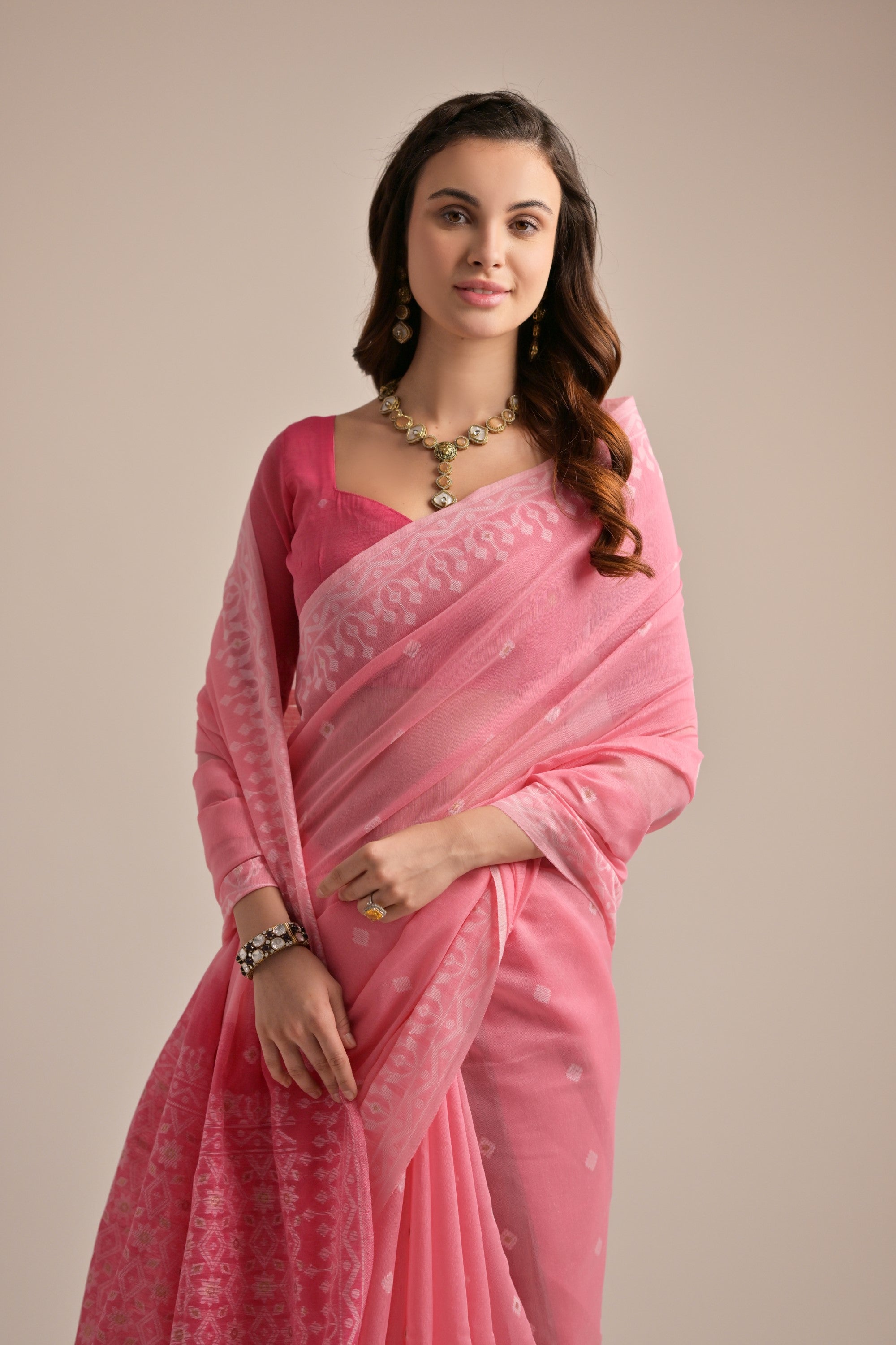 Tonys Pink Lucknowi Woven Muga Cotton Saree