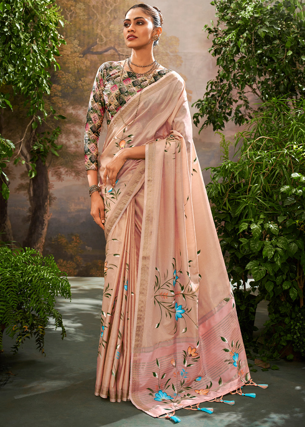 Carnival Pink Painted Linen Silk Saree