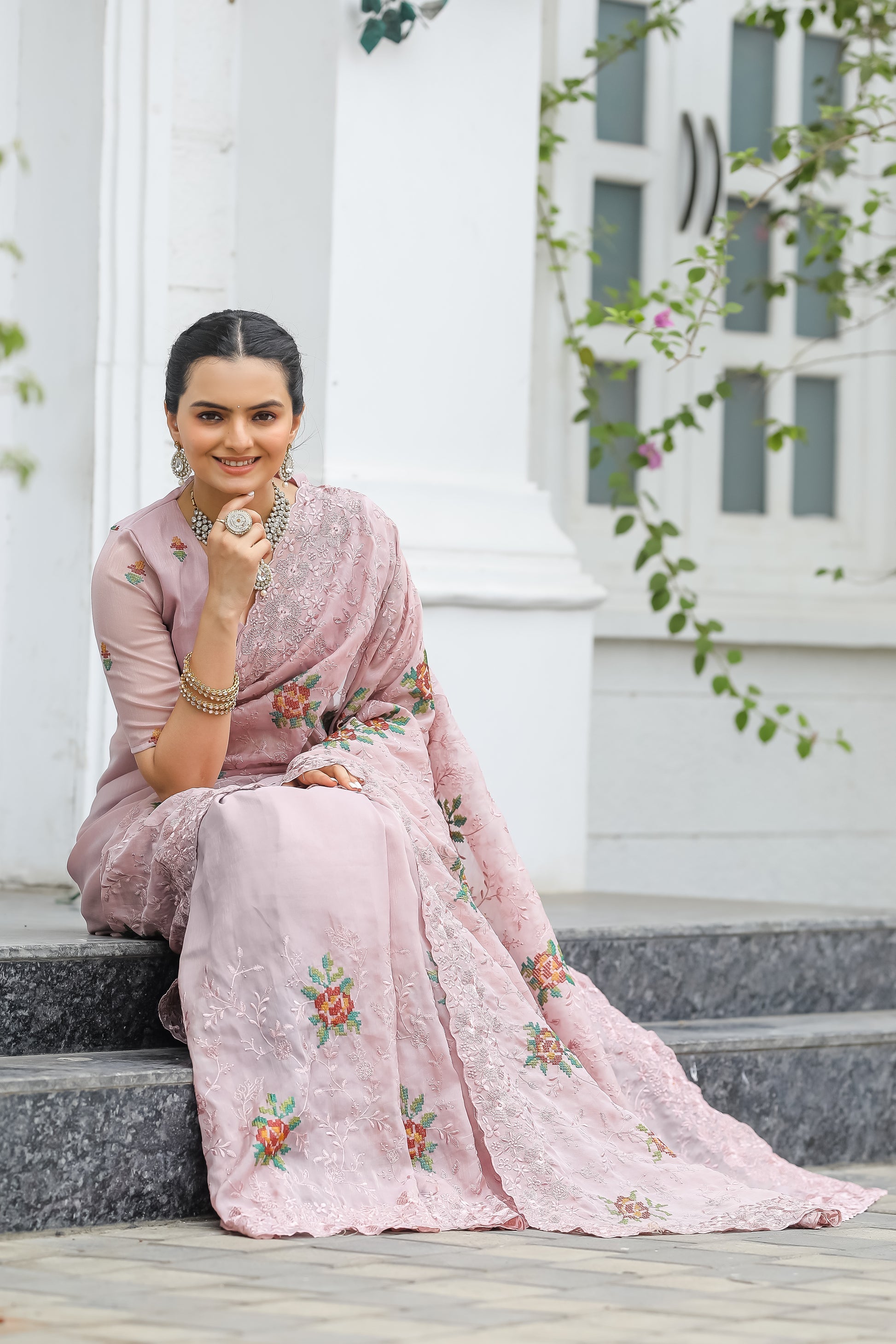 Romantic Peach Embroidered Chiffon Silk Saree