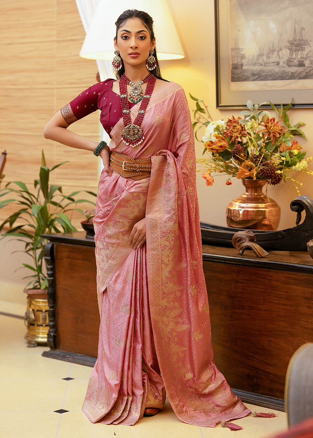 Sea Pink Woven Satin Silk Saree