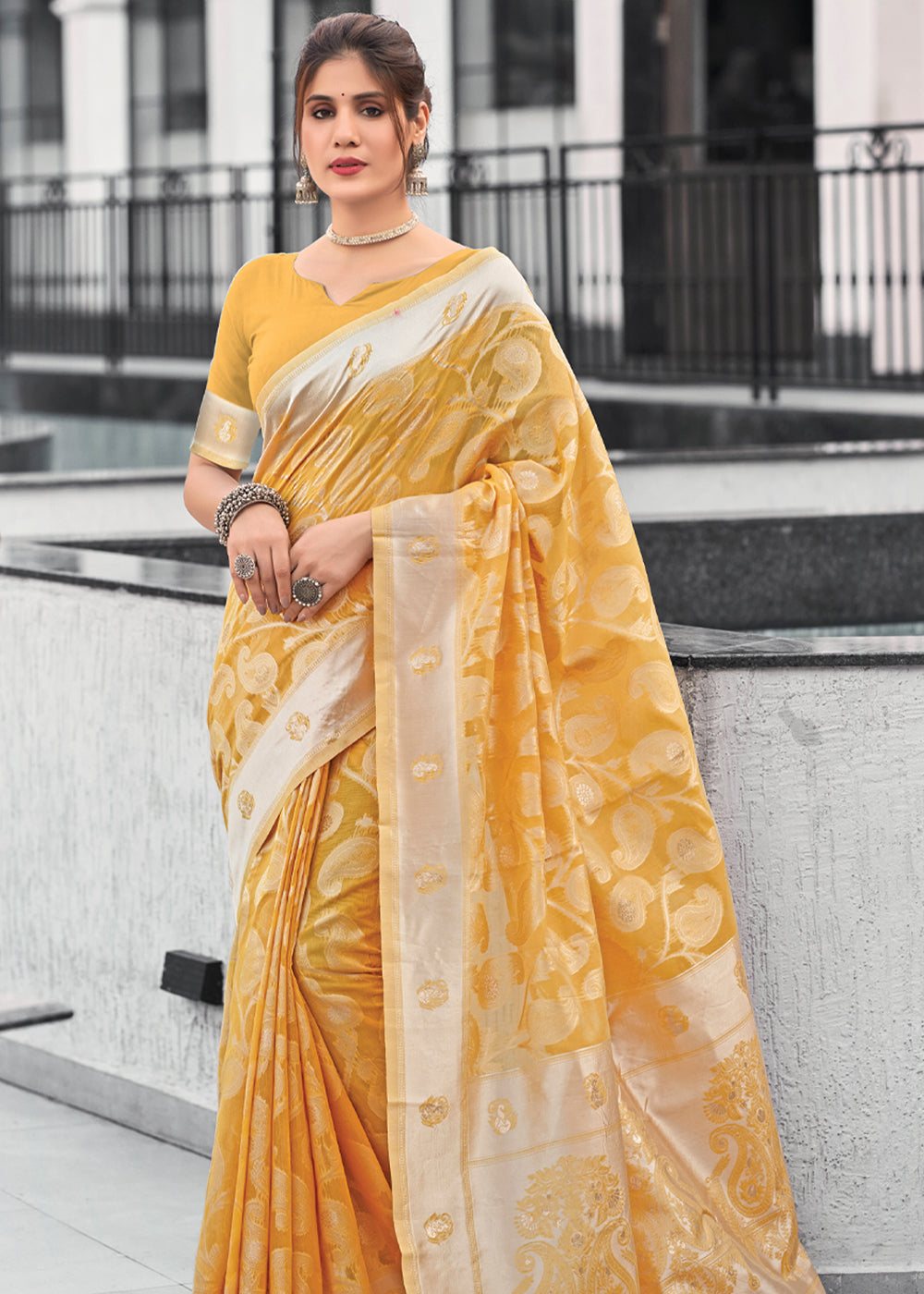 Sunset Yellow Lucknowi Linen Cotton Saree