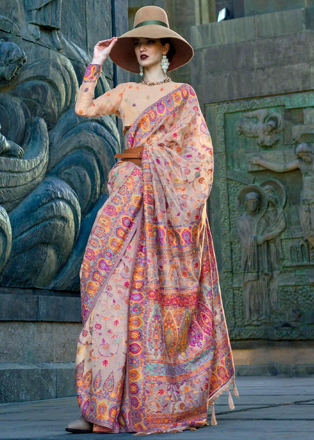 Cosmos Pink Jamawar Woven Organza Silk Saree