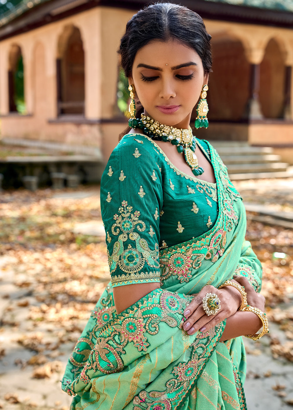 Pista Green Woven Designer Banarasi Embroidered Silk Saree