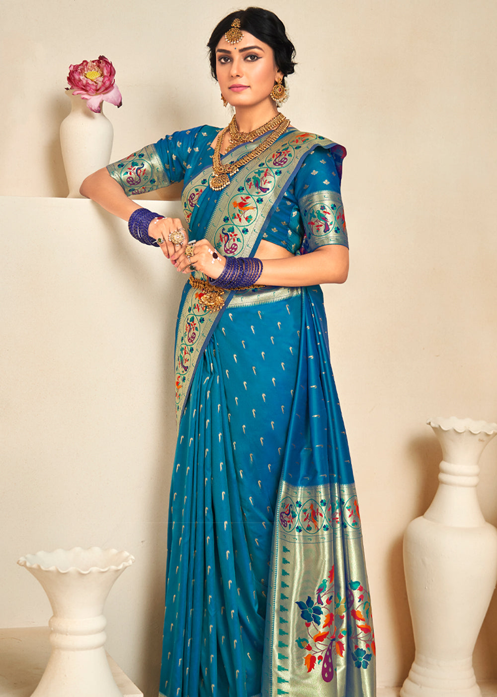 Peacock Blue Woven Paithani Silk Saree