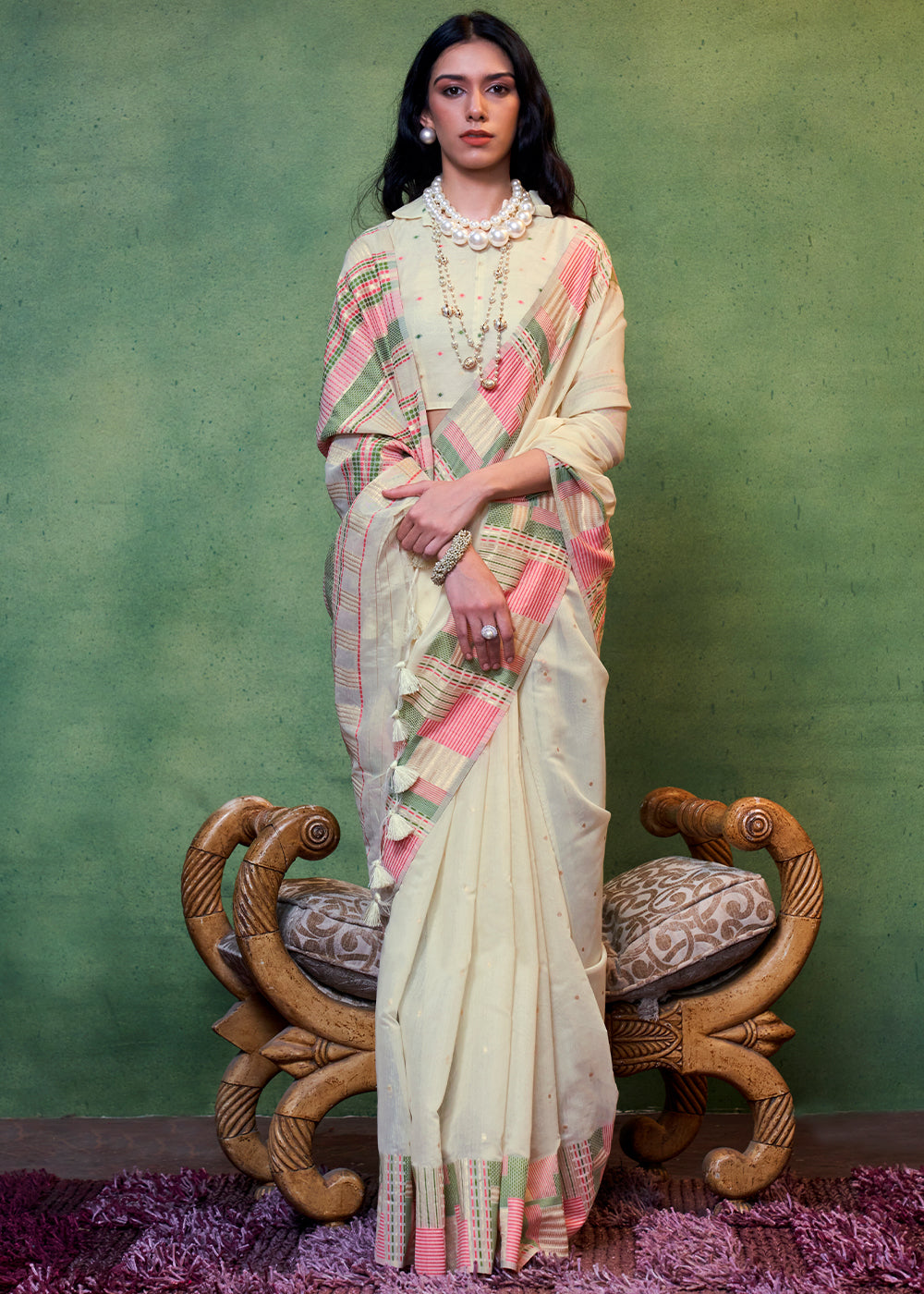 Rum Swizzle Cream Handloom Cotton Silk Saree