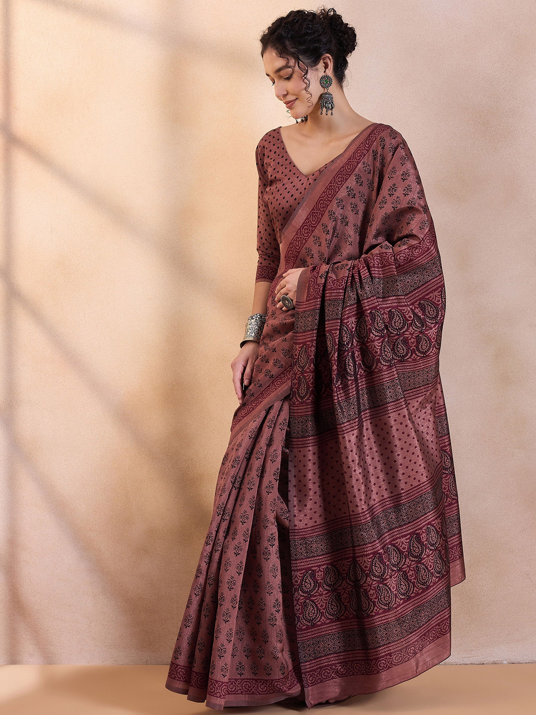 Coffee Brown Printed Dola Silk Saree