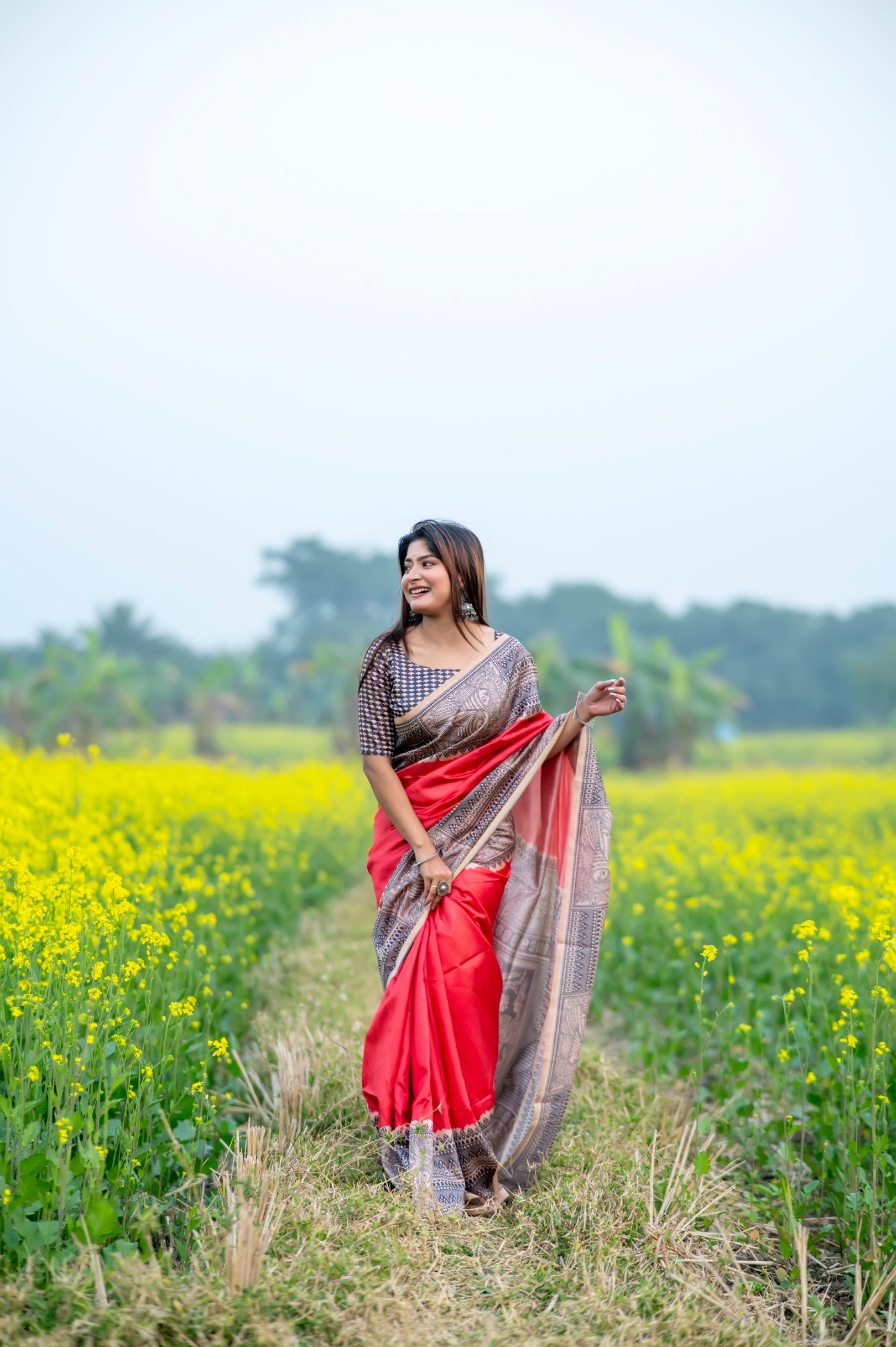 Fiery Rose Pink Madhubani Printed Silk Saree