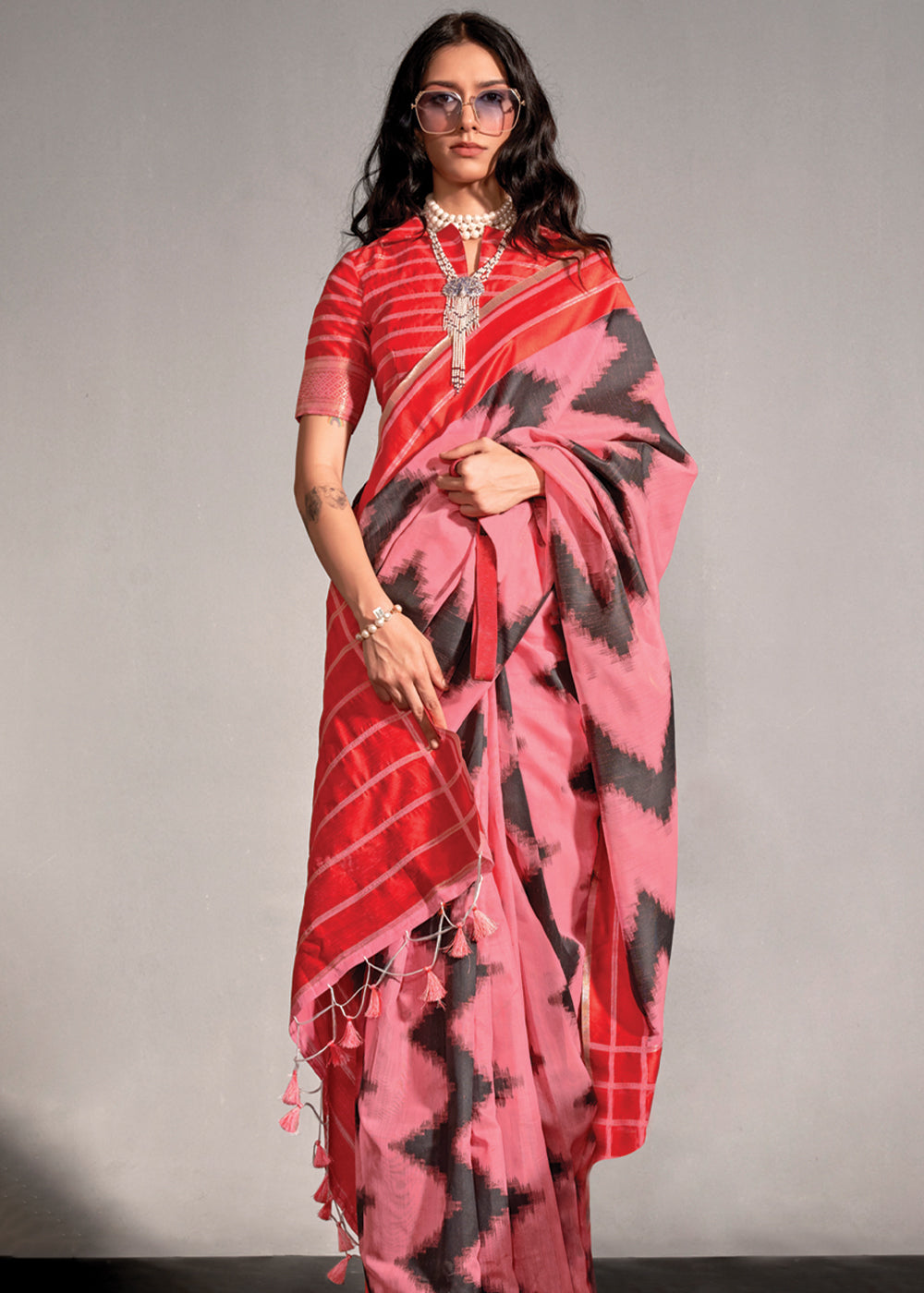 Flamingo Pink Woven Banarasi Soft Silk Saree