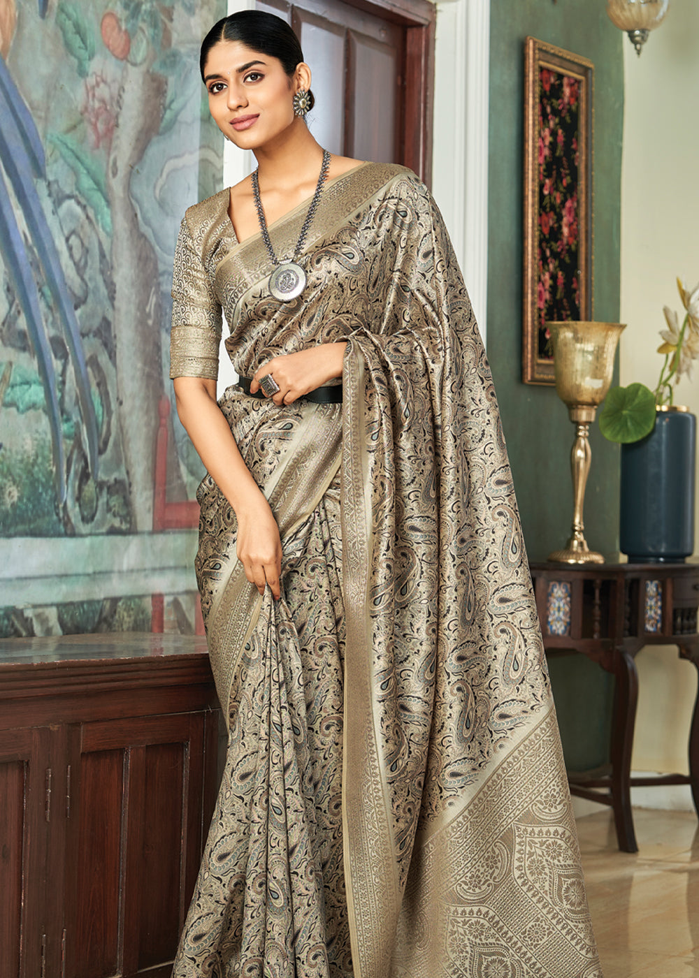 Cement Grey and Brown Woven Banarasi Satin Silk Saree