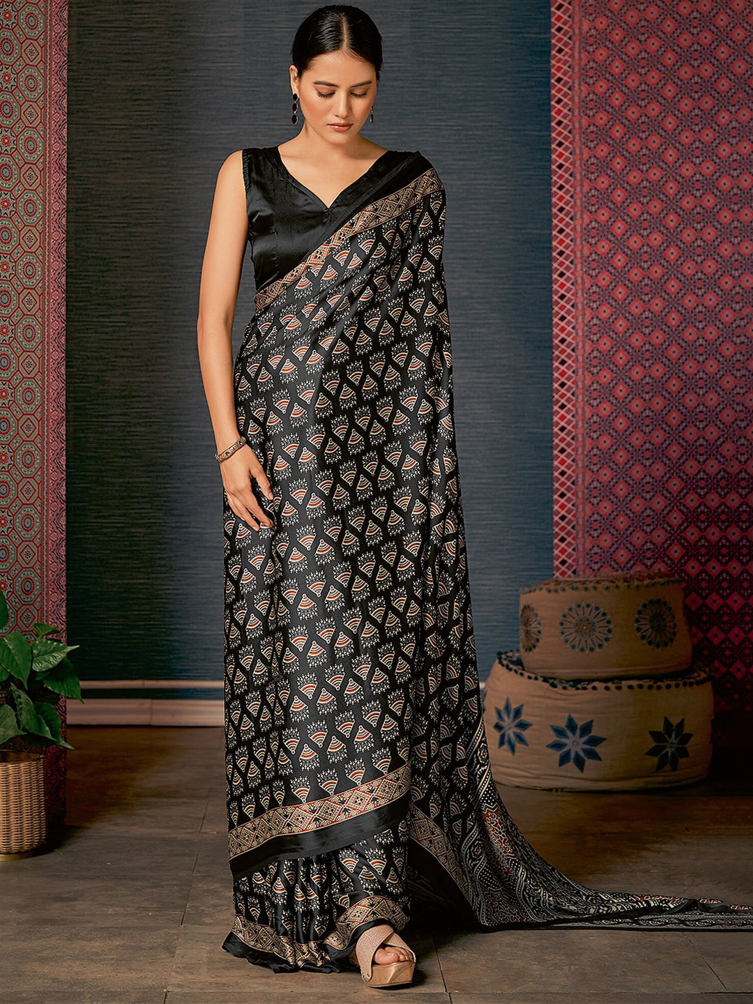 Onyx Black Digital Printed Ajrakh Satin Crepe Saree