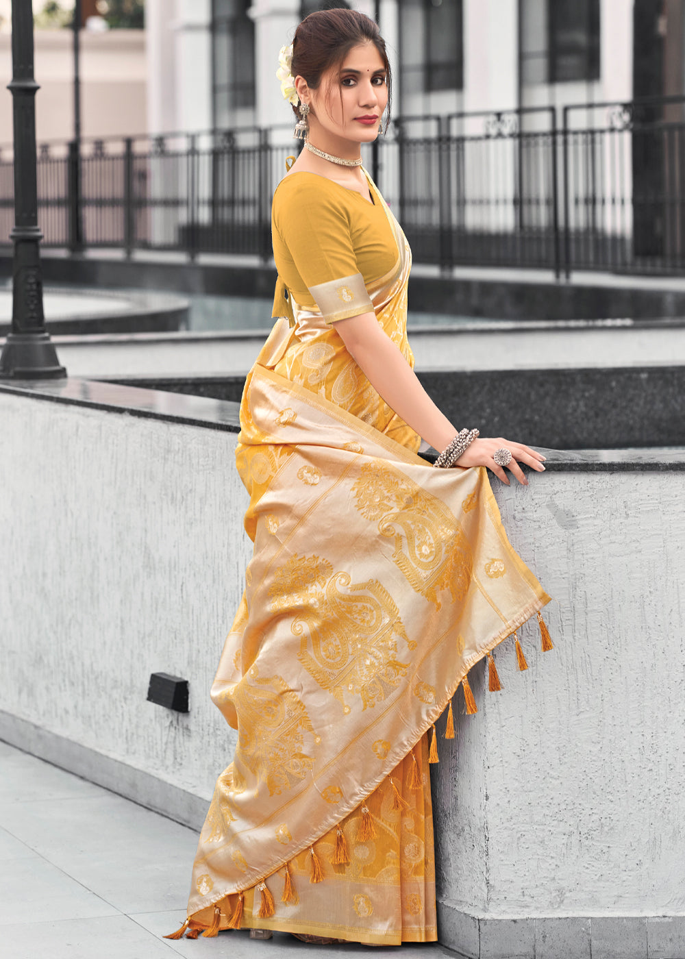 Sunset Yellow Lucknowi Linen Cotton Saree