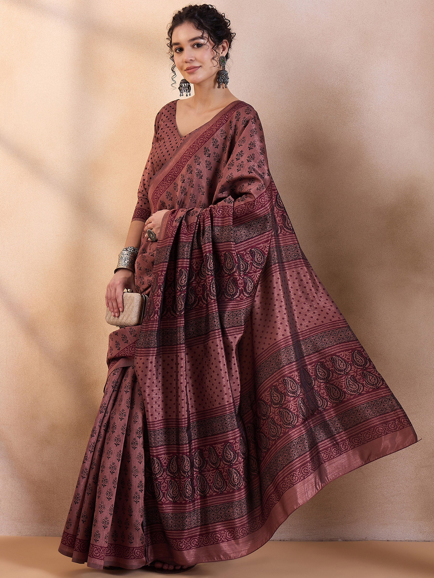 Coffee Brown Printed Dola Silk Saree