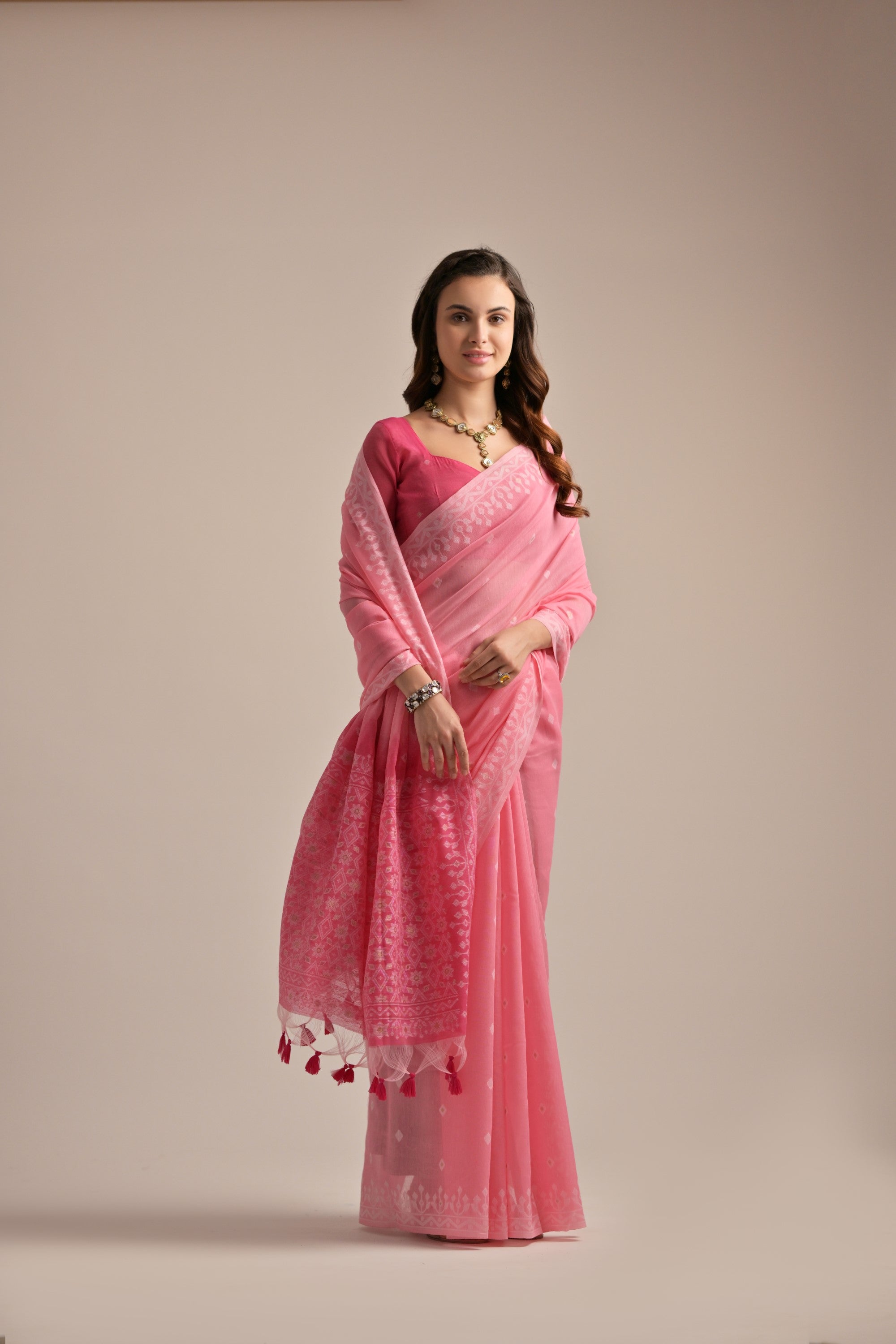 Tonys Pink Lucknowi Woven Muga Cotton Saree