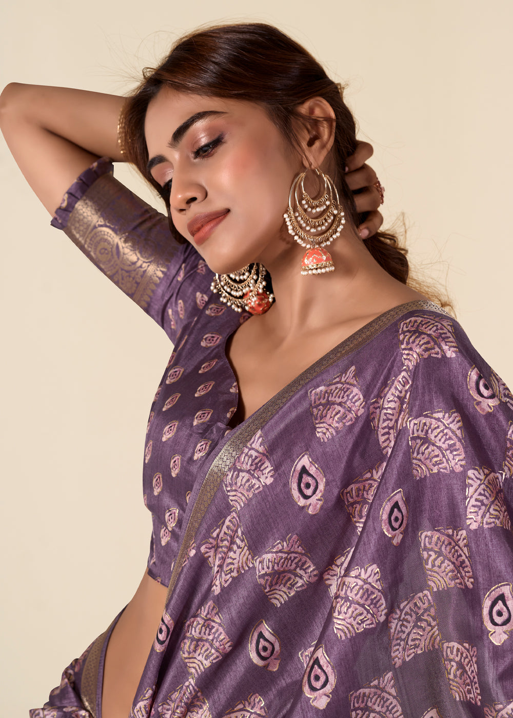 Eggplant Purple Banarasi Printed Soft Silk Saree