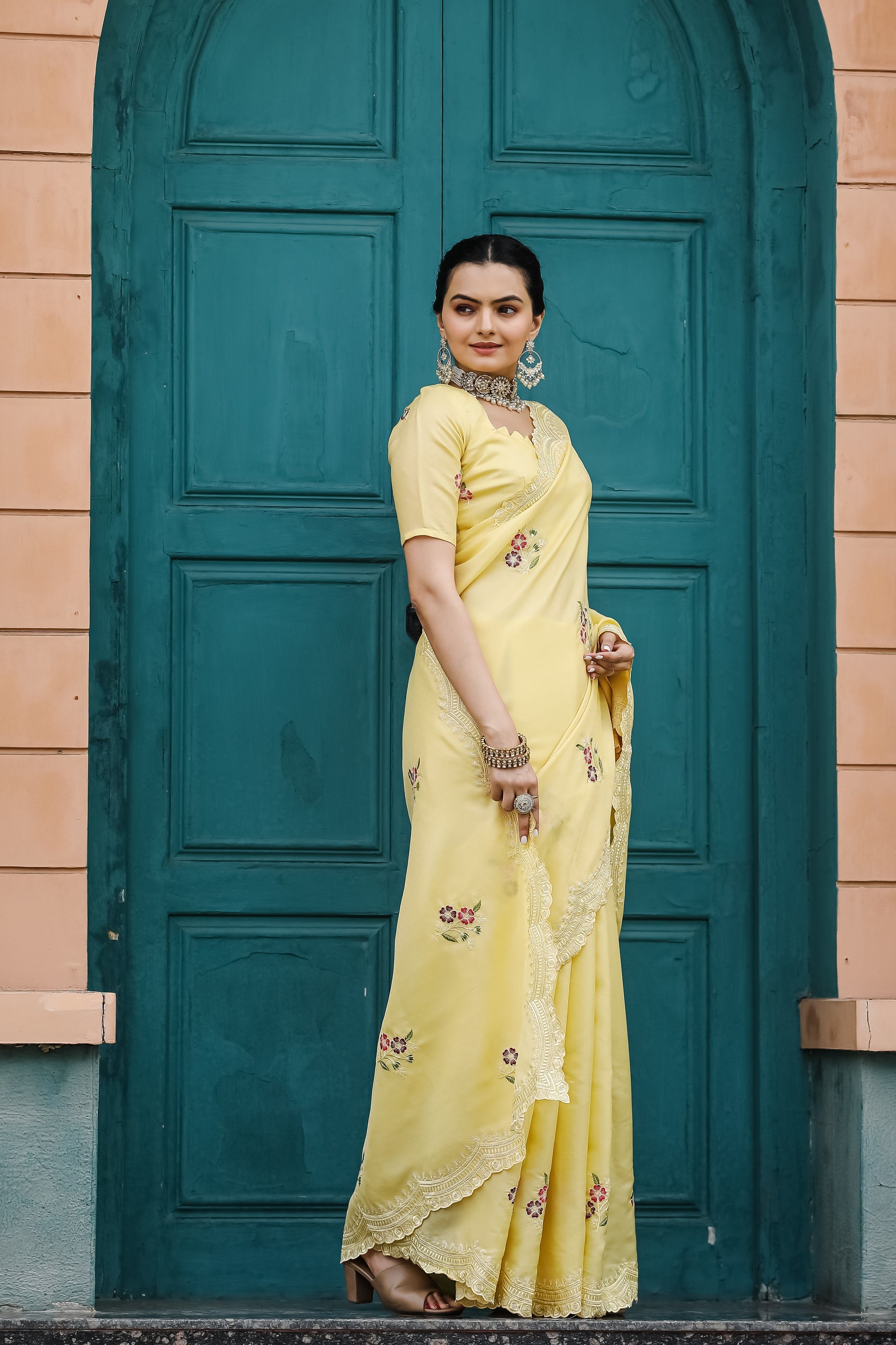 Pale Canary Yellow Embroidery Tussar Cotton Saree