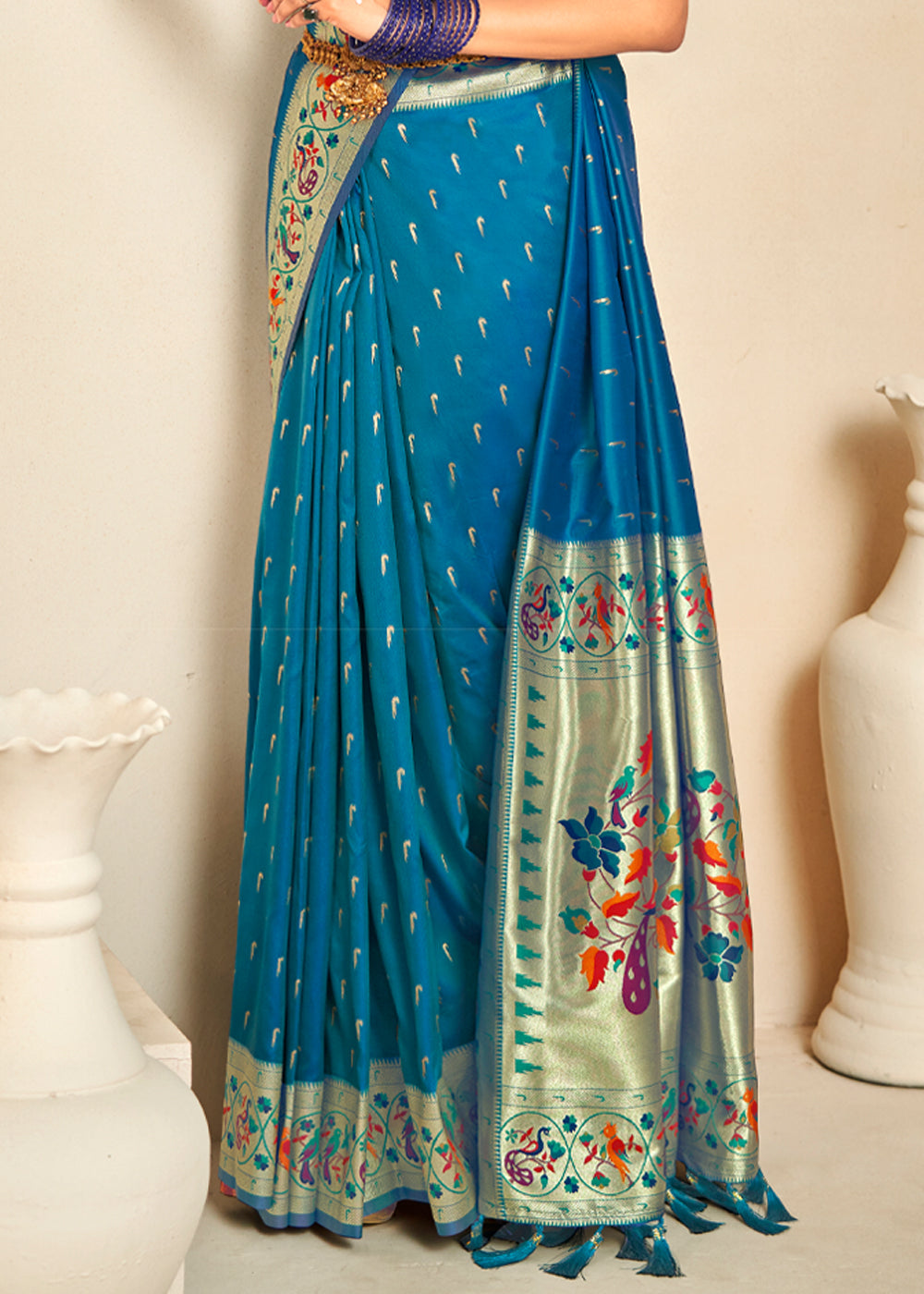 Peacock Blue Woven Paithani Silk Saree