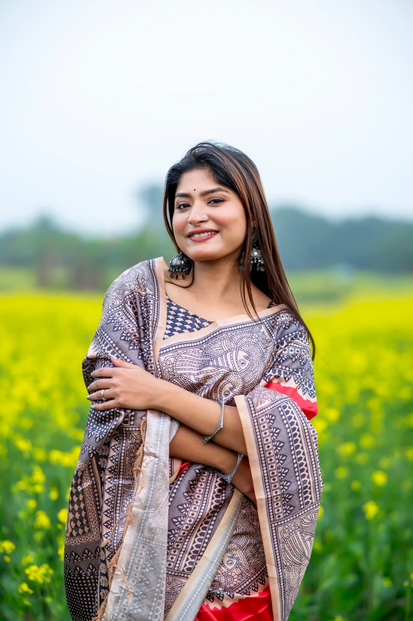 Fiery Rose Pink Madhubani Printed Silk Saree