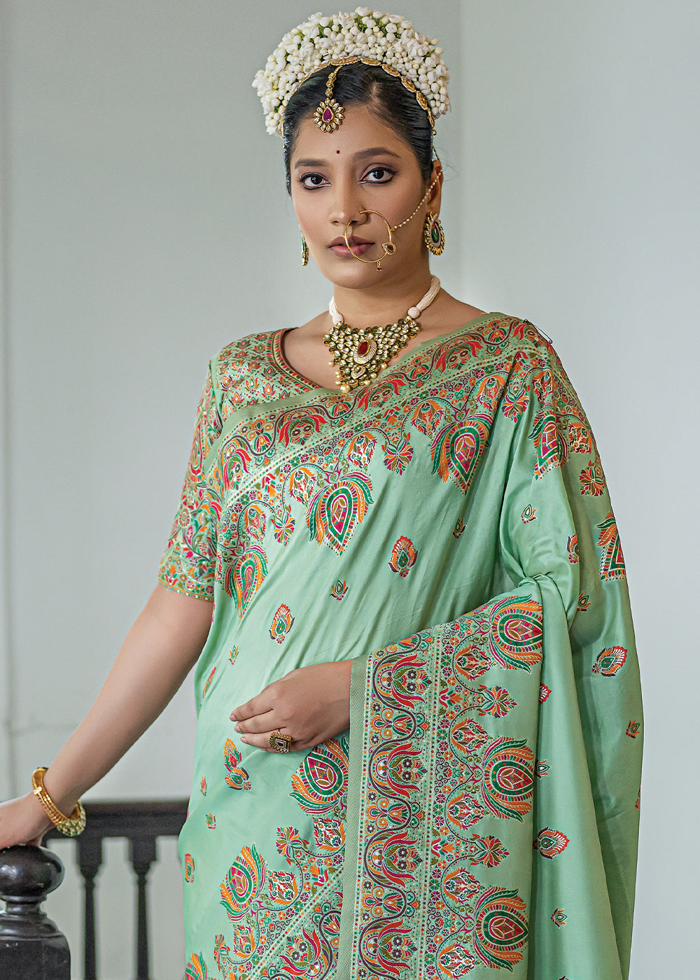 Summer Green Kashmiri Handloom Woven Silk Saree