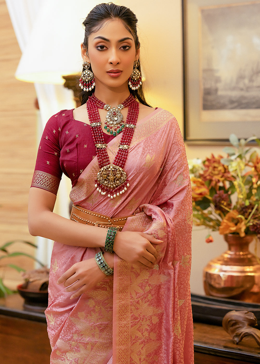 Sea Pink Woven Satin Silk Saree