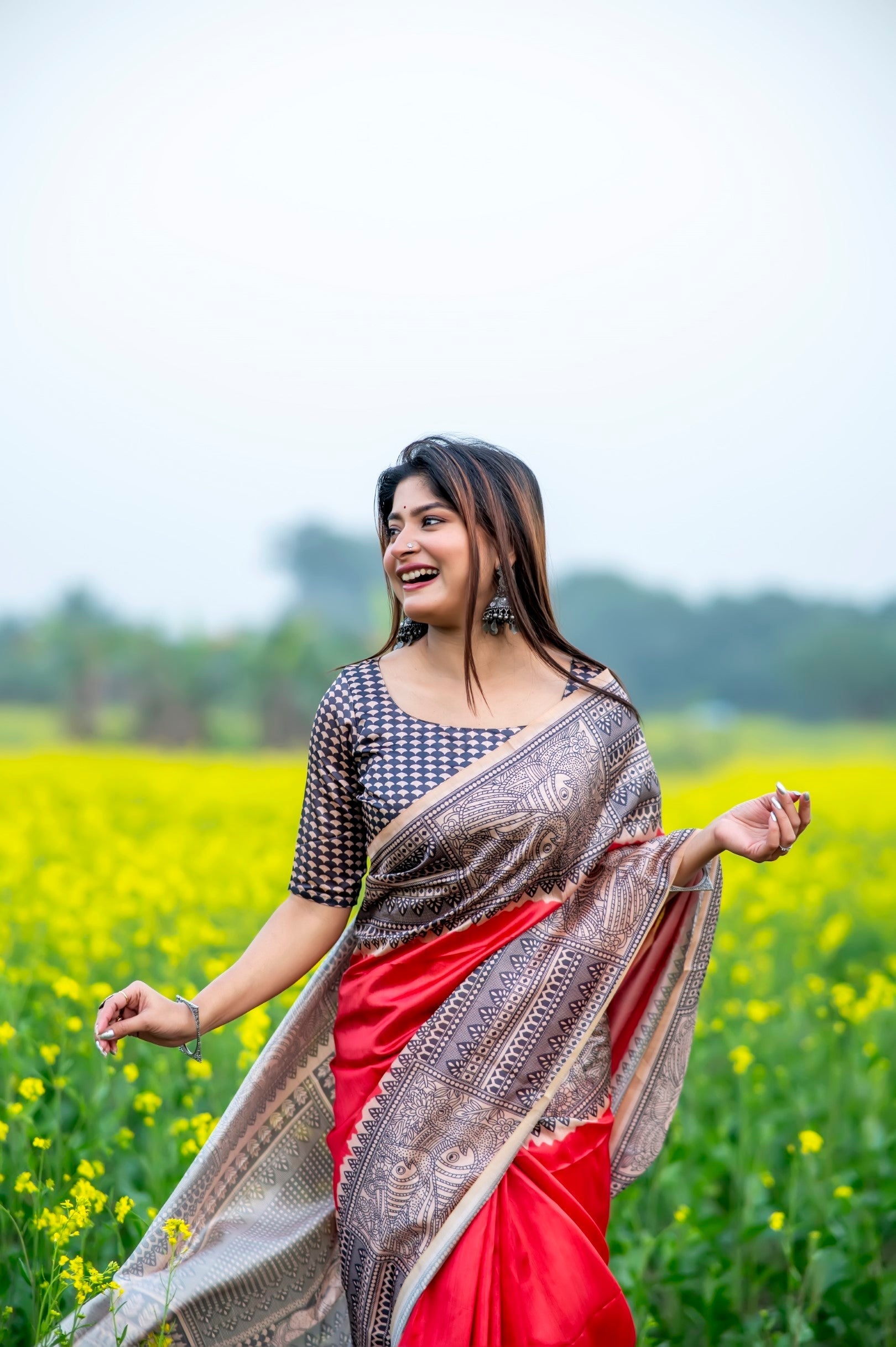 Fiery Rose Pink Madhubani Printed Silk Saree