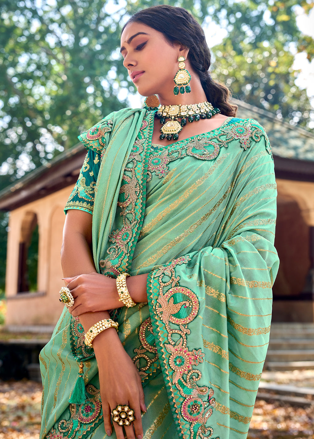 Pista Green Woven Designer Banarasi Embroidered Silk Saree