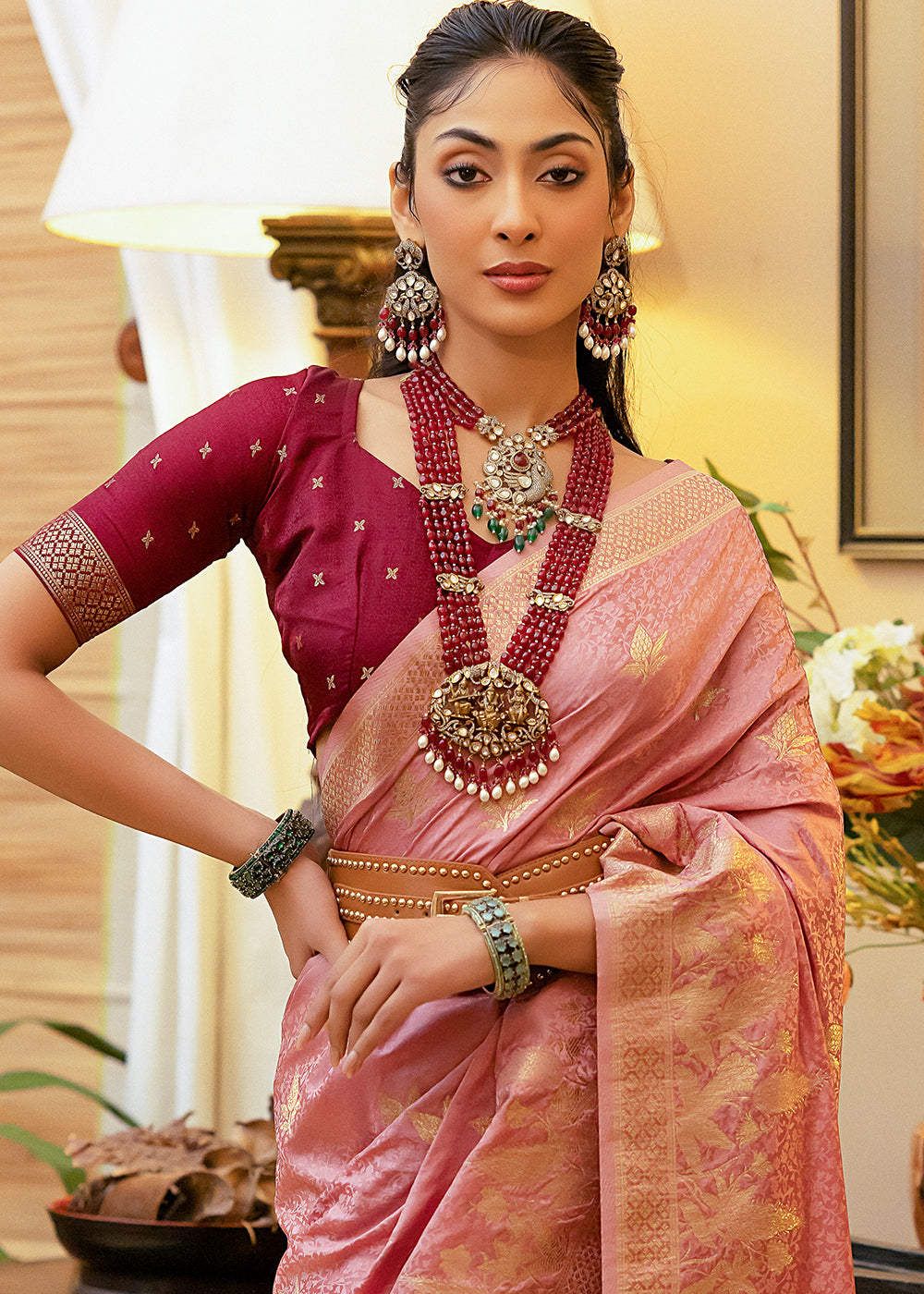 Sea Pink Woven Satin Silk Saree