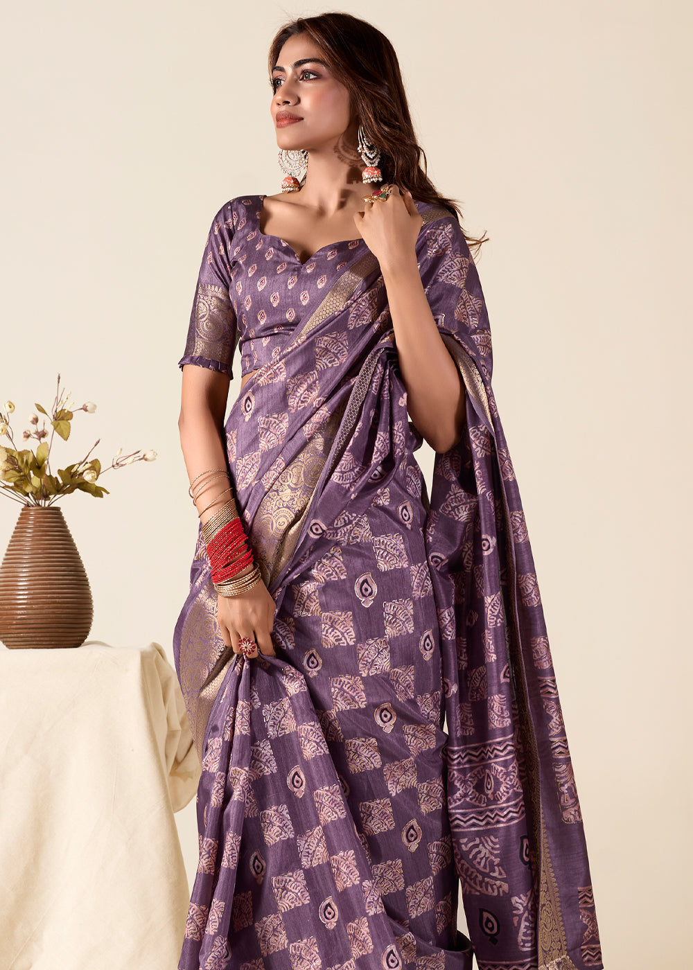 Eggplant Purple Banarasi Printed Soft Silk Saree