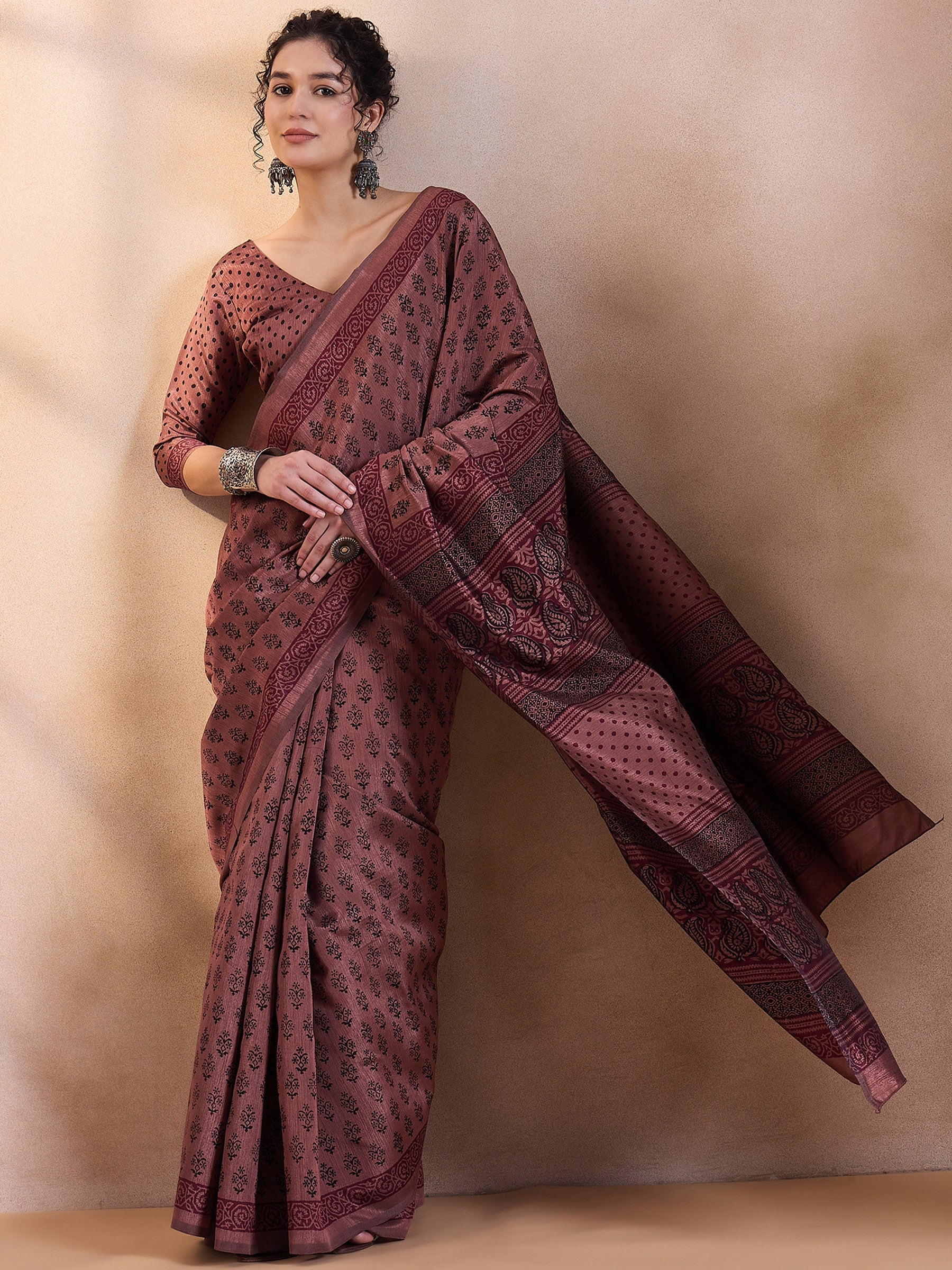 Coffee Brown Printed Dola Silk Saree