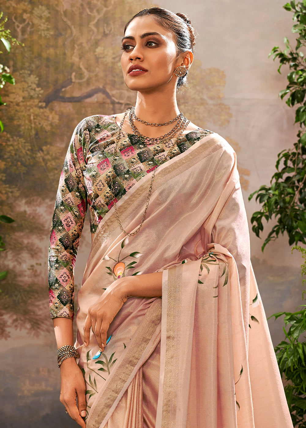 Carnival Pink Painted Linen Silk Saree