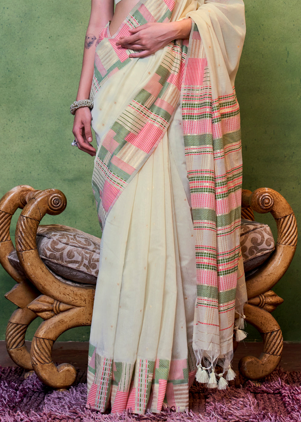 Rum Swizzle Cream Handloom Cotton Silk Saree