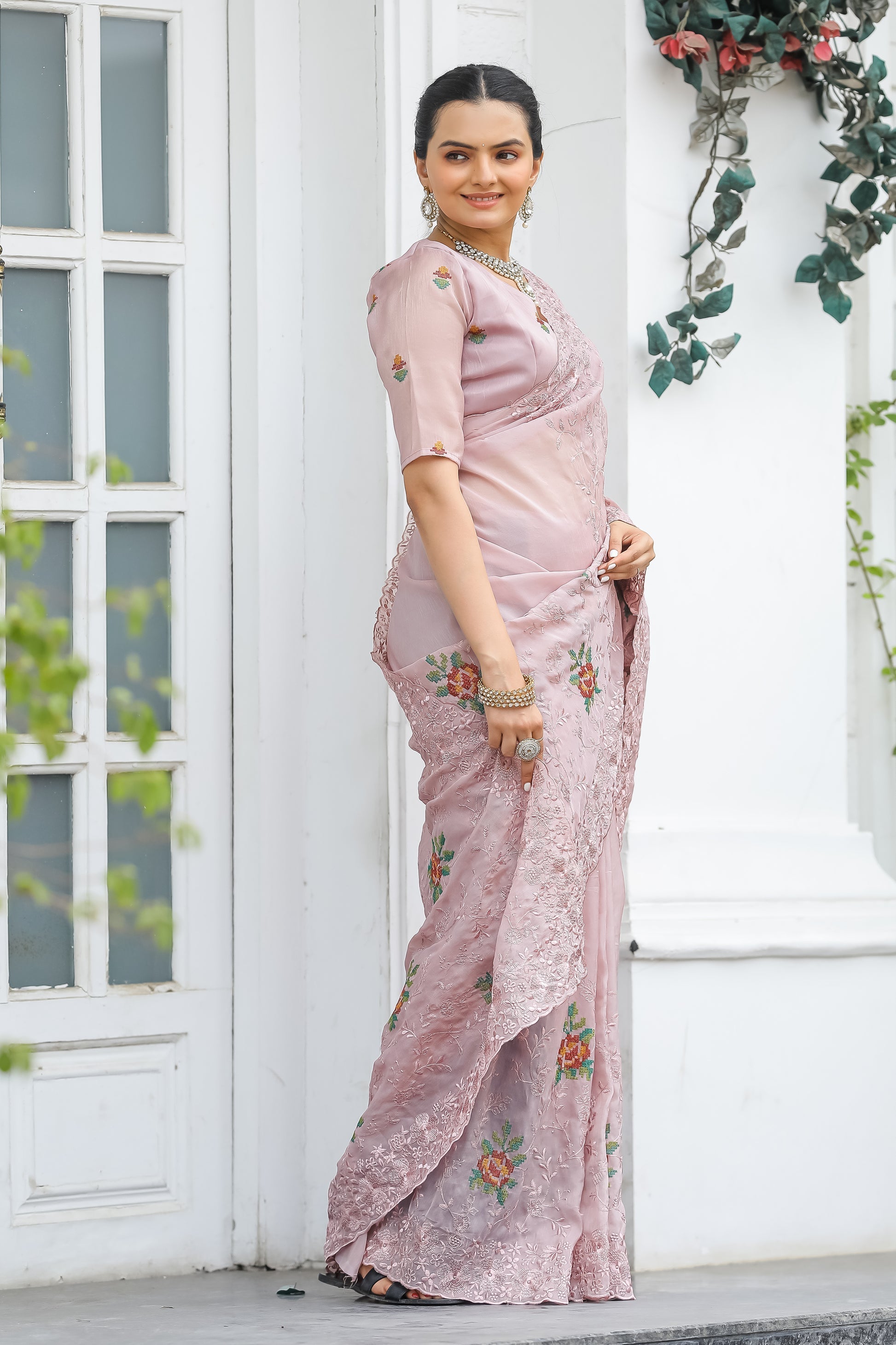 Romantic Peach Embroidered Chiffon Silk Saree