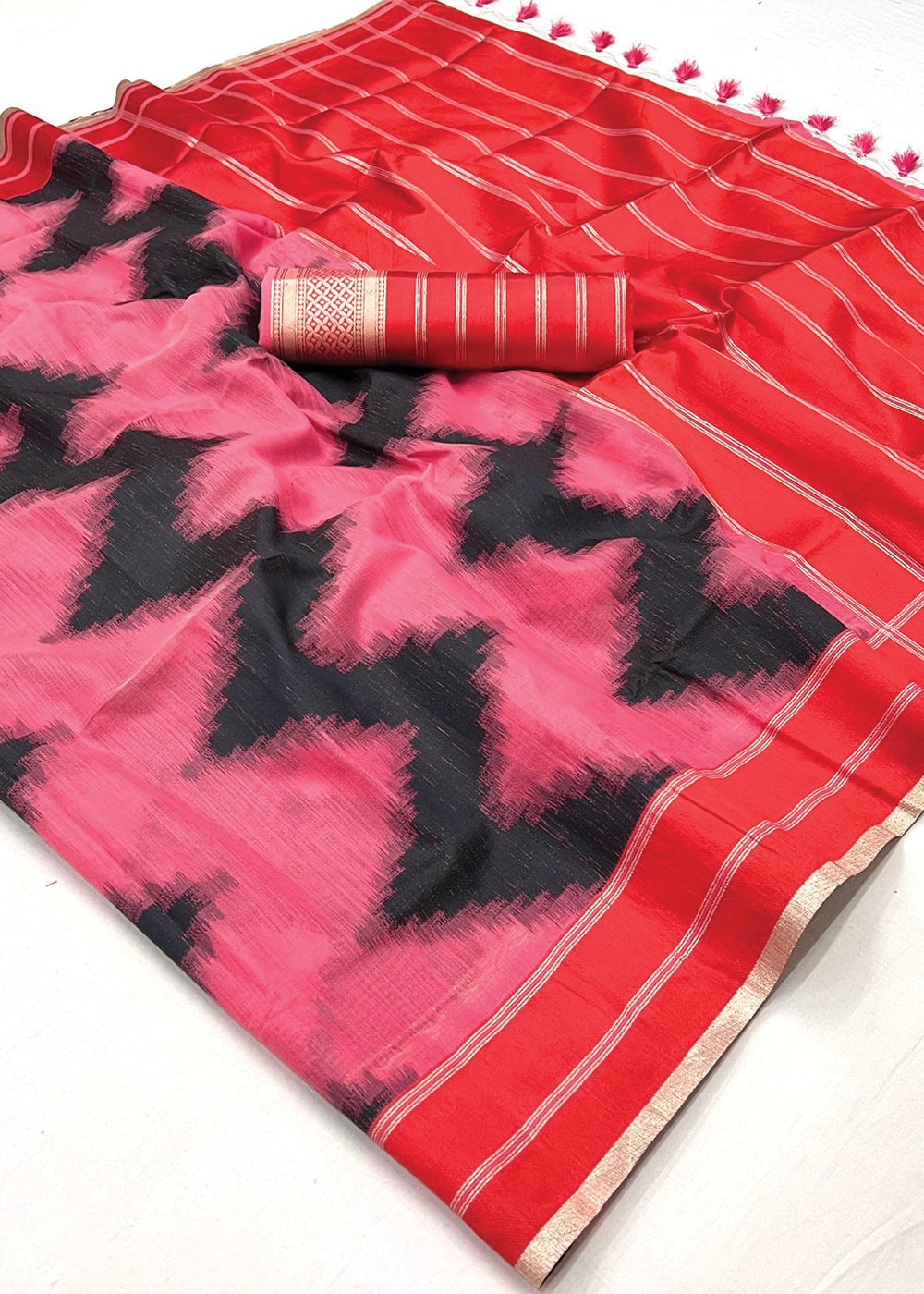 Flamingo Pink Woven Banarasi Soft Silk Saree