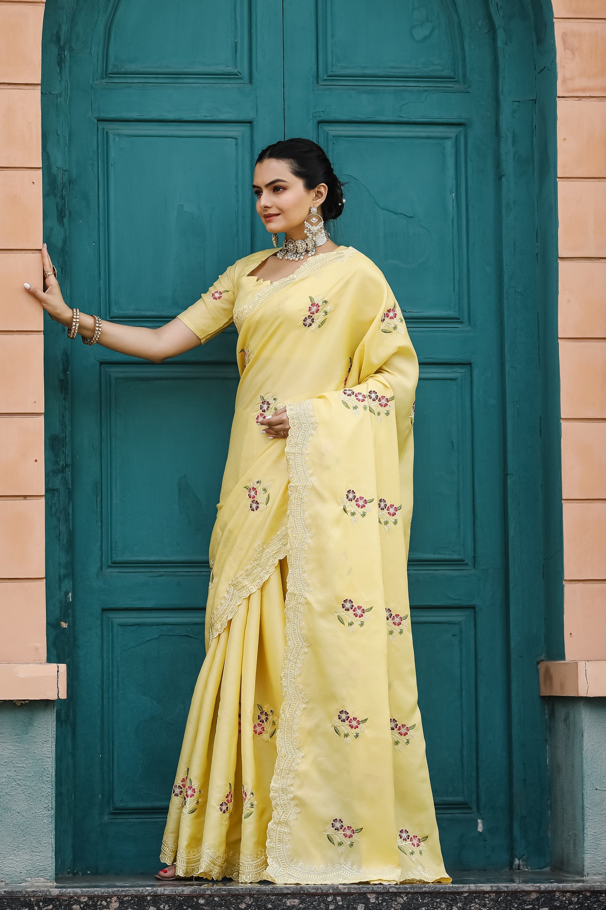 Pale Canary Yellow Embroidery Tussar Cotton Saree