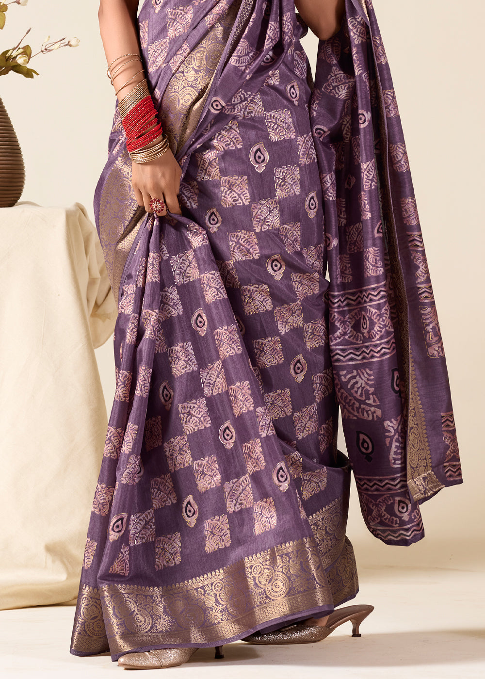 Eggplant Purple Banarasi Printed Soft Silk Saree