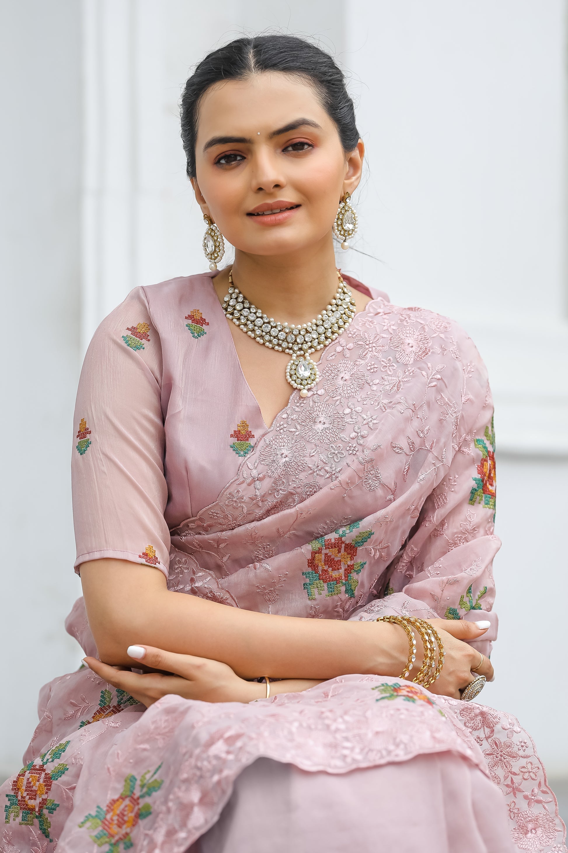 Romantic Peach Embroidered Chiffon Silk Saree