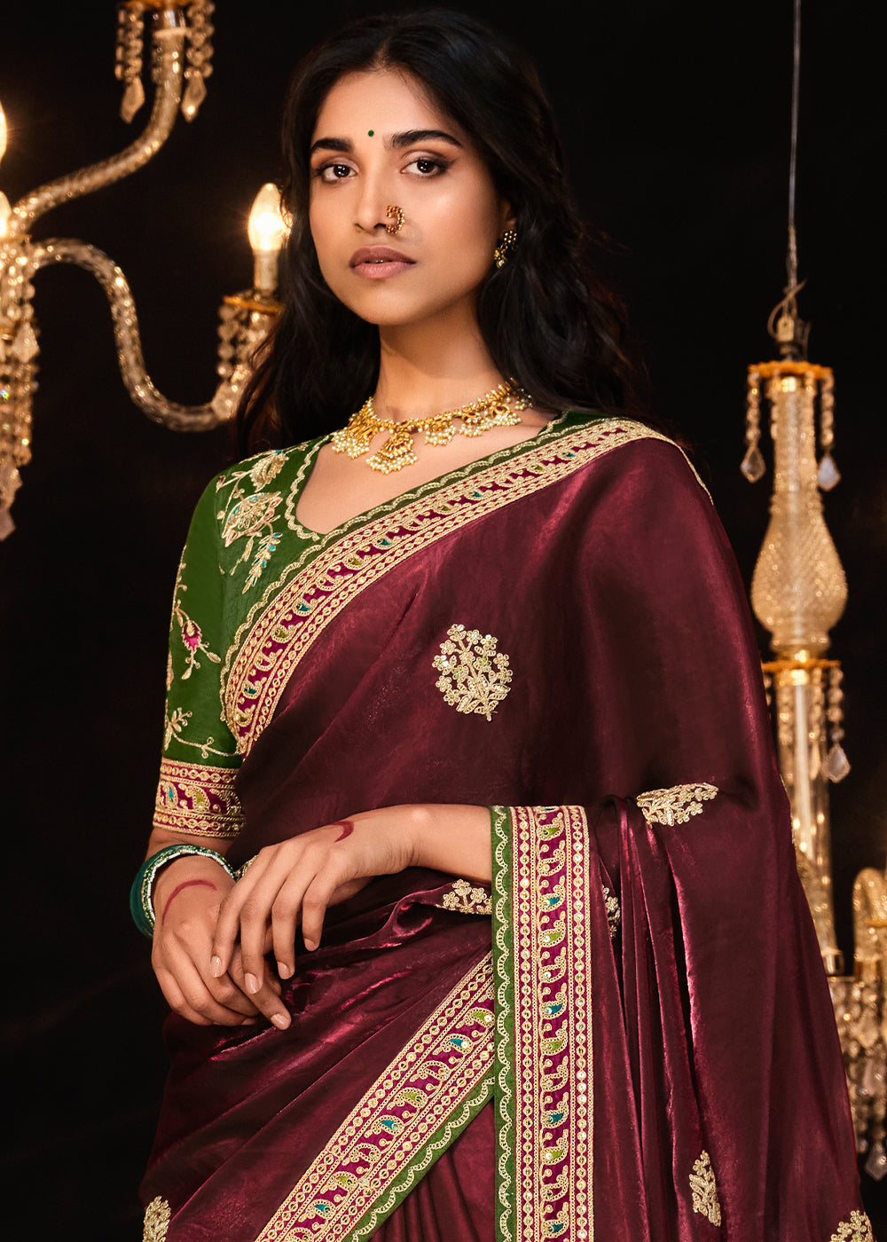 Sanguine Brown Embroidered Designer Satin Silk Saree