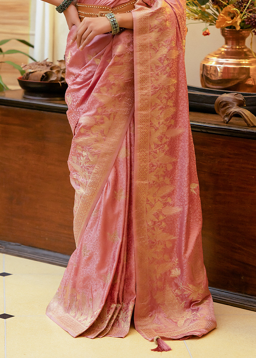 Sea Pink Woven Satin Silk Saree