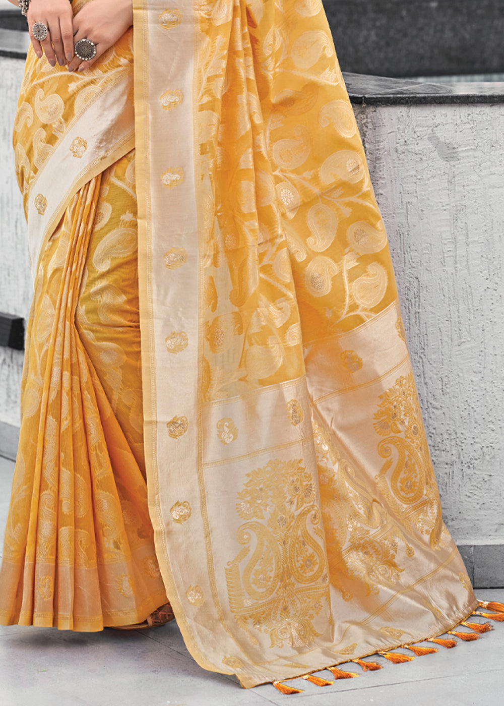 Sunset Yellow Lucknowi Linen Cotton Saree