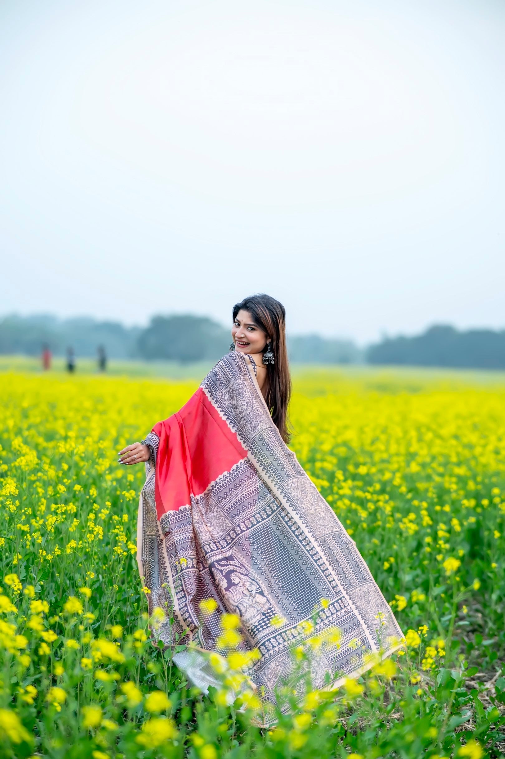 Fiery Rose Pink Madhubani Printed Silk Saree