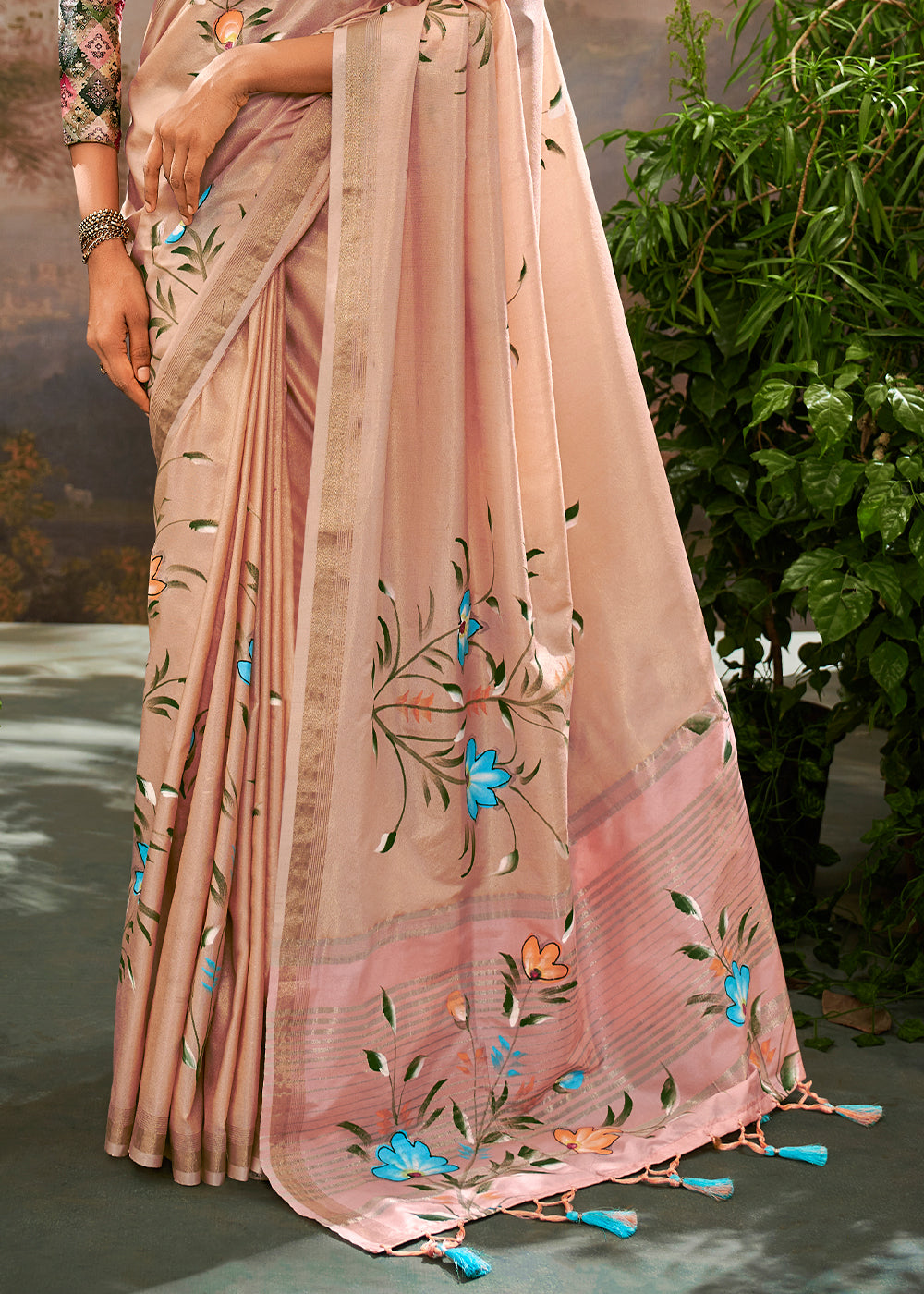 Carnival Pink Painted Linen Silk Saree