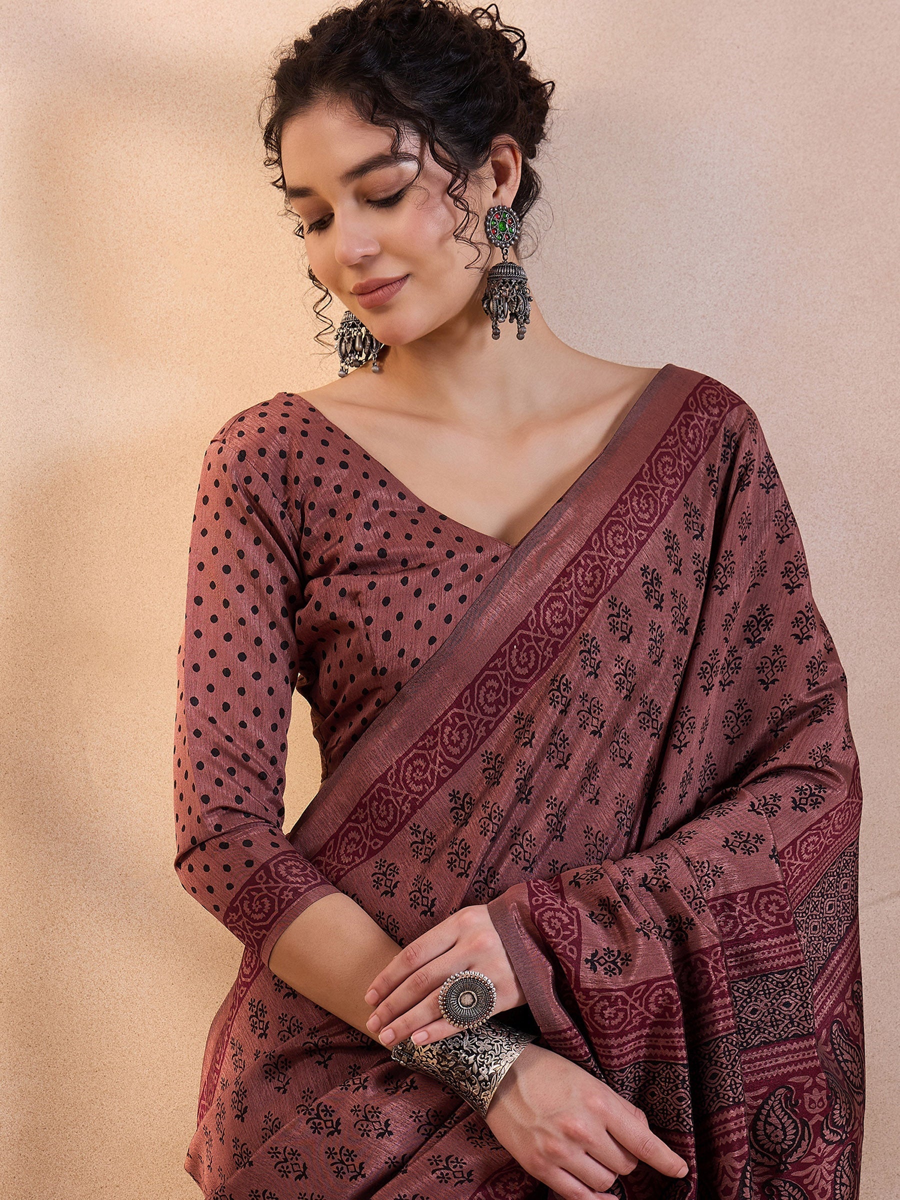 Coffee Brown Printed Dola Silk Saree